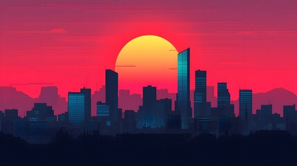 Fototapeta premium Striking futuristic skyline of modern high rise buildings with sharp geometric glass facades reflecting the vibrant colors of a dramatic sunset sky