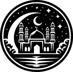 Obraz premium vector illustration of a magnificent Muslim mosque welcoming the fasting month of Ramadan, Eid al-Fitr, simple vector logo