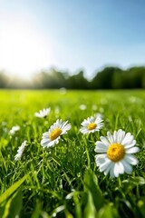 Closeup Of White Flowers In A Lush Green Meadow Under A Sunny Sky With Grass