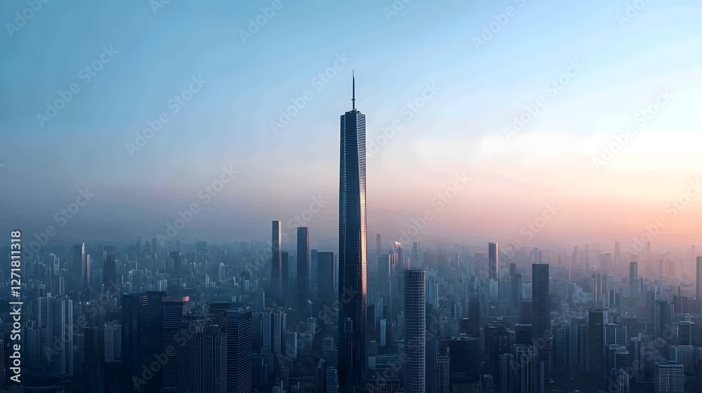 Poster striking modern tower with intricate twisted architecture and metallic reflections standing tall in 