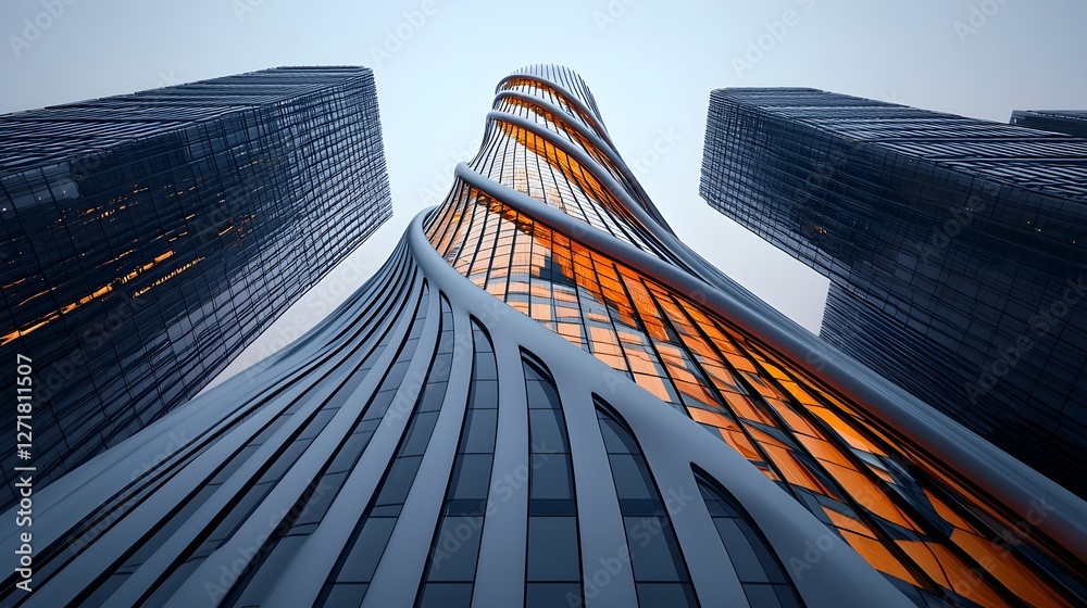 Poster striking modern tower with twisted angular architecture and metallic reflections standing tall in a 
