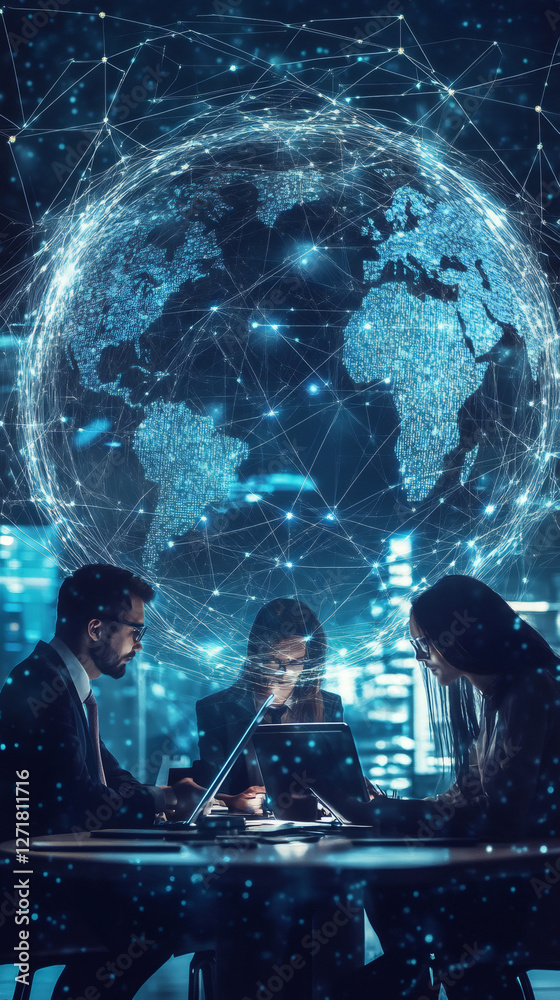 Poster businesspeople working together at a round table with laptops and digital planet earth, representing