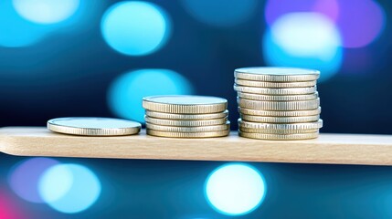 Coins stacked on a wooden stick with blurred colorful background.