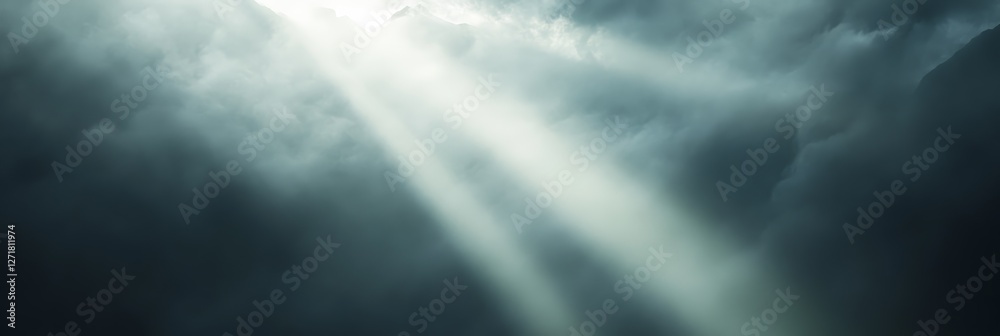 Poster sunbeams are filtering through a dramatic cloudscape, creating an atmospheric and moody scene, ideal