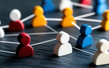 The image depicts colorful wooden figures connected by lines, symbolizing networking, relationships, or social connections.