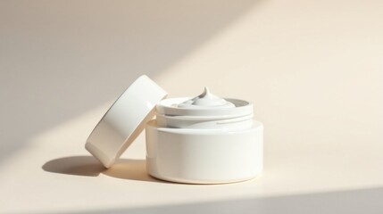 Luxurious skincare moisturizer jar with creamy texture, gently illuminated by soft sunlight, on a neutral background, promoting a sense of serenity and well-being.