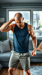 Obraz premium Fit man living active healthy lifestyle taking a break from gym workout training at home tired sweating. Portrait banner panorama, Dynamic motion. White tone