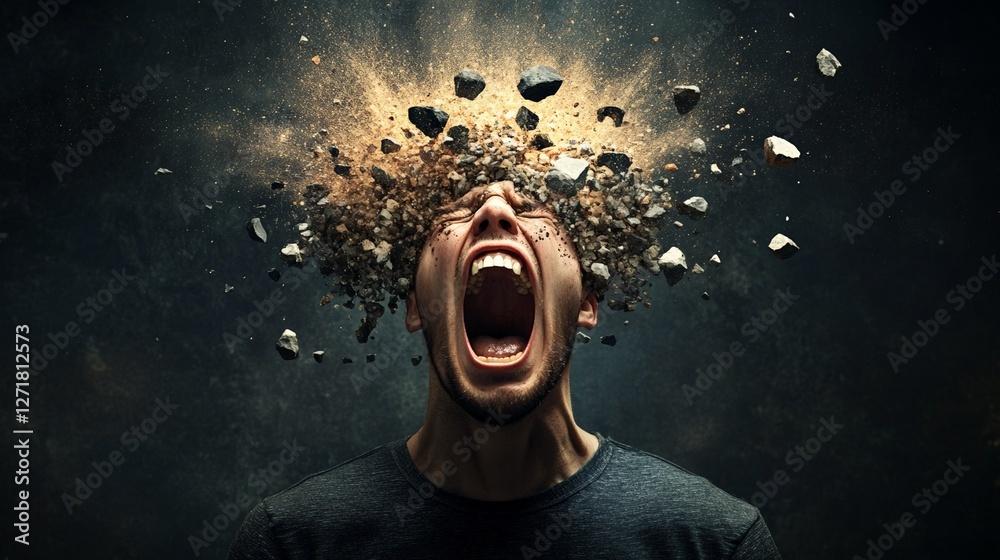 Fototapete Man suffering from information overload screaming with his head exploding into small rocks and dust representing stress, burnout, migraine, dementia, and mental health issues