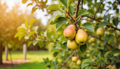 Fototapeta premium Cluster of pears hanging on tree in autumn afternoon, seasonal harvest, copy space