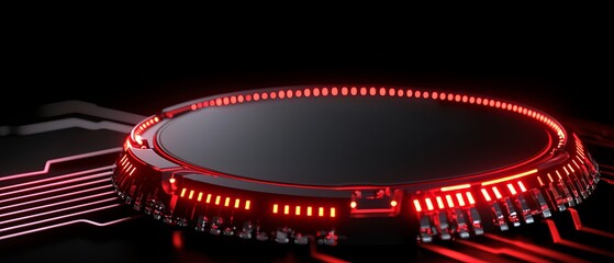 Futuristic Platform with Glowing Red Lights and Circuit Board Design Tech Display Stage