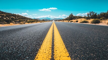 Naklejka premium A desert highway stretches towards distant mountains under a blue sky