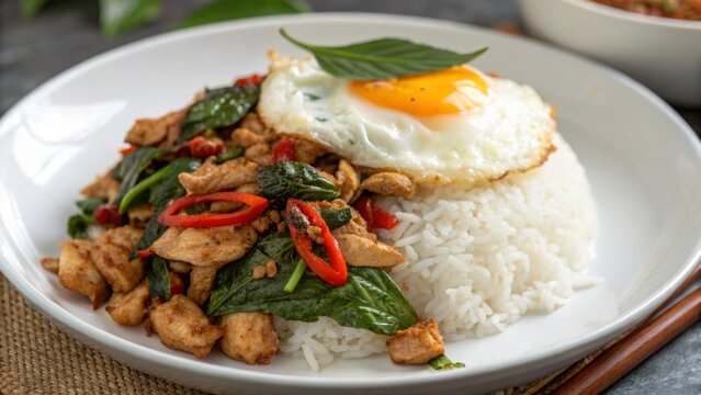 Savor delicious basil chicken pad krapow gai with fried egg on steamed rice in thailand's culinary scene