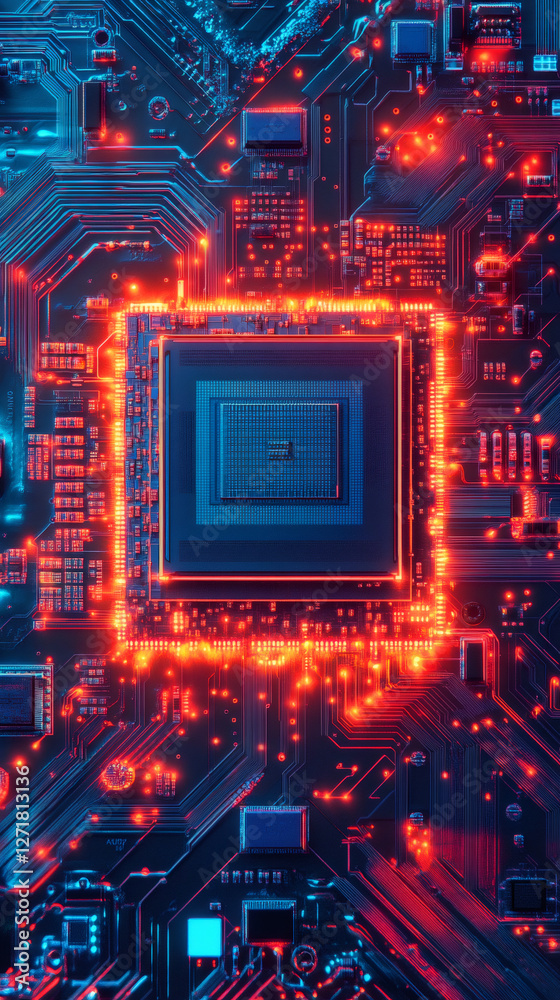 Poster close-up of a cpu glowing with red and blue lights on a motherboard, showcasing the intricate detail