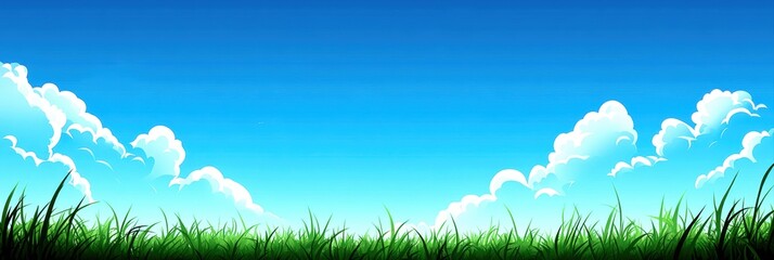 Bright blue sky with fluffy clouds above green grass, ideal for nature-themed designs.