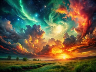 Naklejka premium Dreamlike Vintage Celestial Landscape: Fiery Emerald Cloudscape