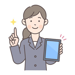 人物_線画03_タブレットを持つ会社員女性_ol