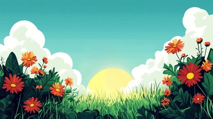 Obraz premium Beautiful flowers in a sunny meadow with blue sky and fluffy clouds.