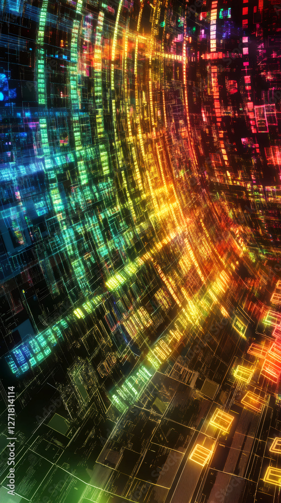 Aufkleber Complex data visualization showing information flowing through cyberspace, creating a mesmerizing spectacle of colorful lights and digital patterns