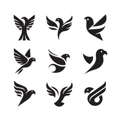 abstract bird logos, Minimalist bird icons, black silhouettes 