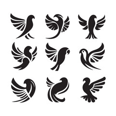 abstract bird logos, Minimalist bird icons, black silhouettes 