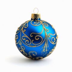 Blue Christmas ball with golden ornament isolated on white background.