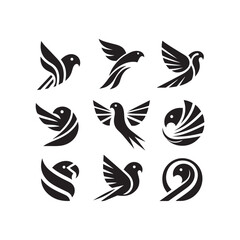 abstract bird logos, Minimalist bird icons, black silhouettes 
