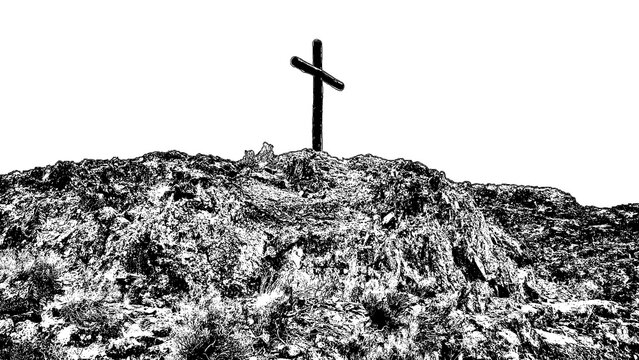Wooden christian croos at top of hill isolated graphic