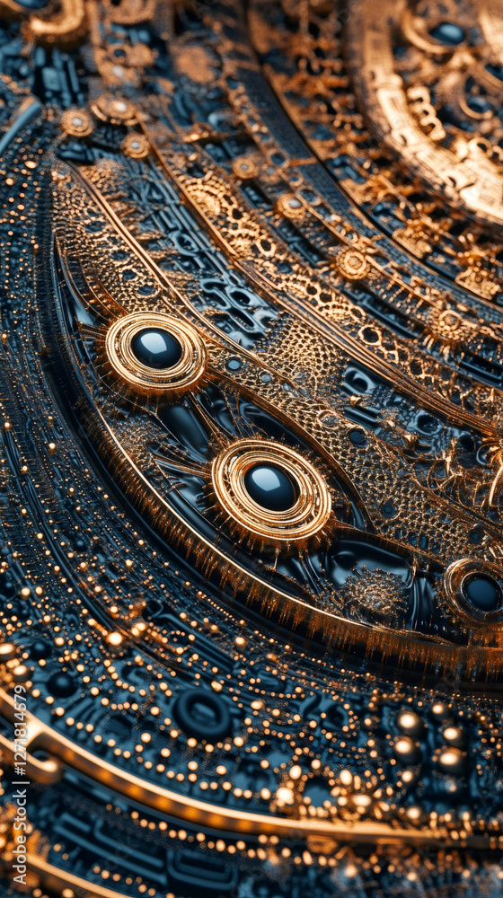 Poster Complex golden machinery with dark metal components forms an intricate clockwork structure, evoking a futuristic and technological aesthetic