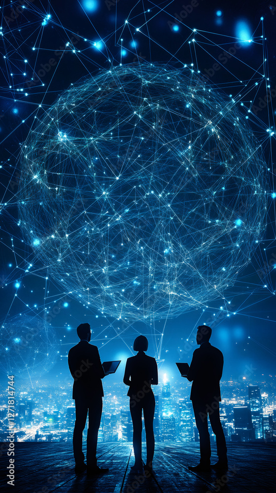 Poster business team working with network connection and digital sphere, global business and technology con