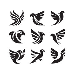 abstract bird logos, Minimalist bird icons, black silhouettes 