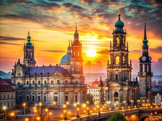Naklejka premium Dresden Cathedral & Semper Opera House - Romantic Bokeh Cityscape
