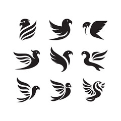 abstract bird logos, Minimalist bird icons, black silhouettes 