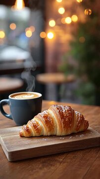 Vertical video. Fresh steaming croissant with a cup of freshly brewed coffee from a coffee shop on the corner of the house, lights in the background in blur