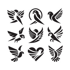 abstract bird logos, Minimalist bird icons, black silhouettes 