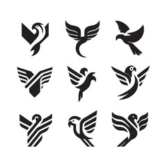 abstract bird logos, Minimalist bird icons, black silhouettes 