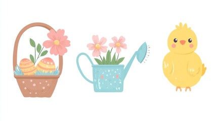 Easter eggs, flowers, chick, watering can, spring scene, basket, cute, illustration