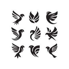 abstract bird logos, Minimalist bird icons, black silhouettes 