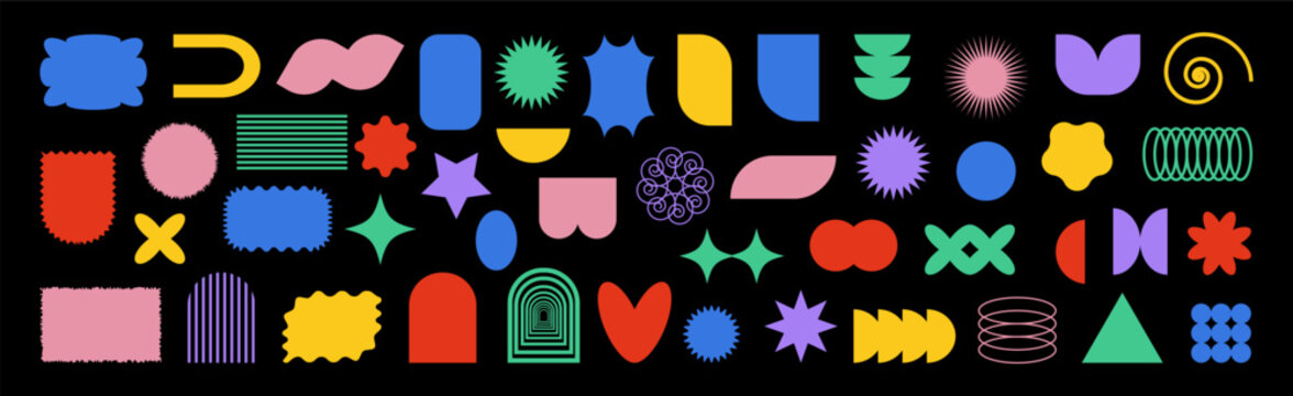 Bauhaus Memphis design. Abstract geometric Y2K colorful shapes. Bold brutalist forms blend with playful colorful triangles, circles, heart, abstract forms for posters, covers