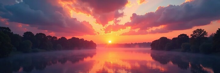 Obraz premium Sunset over the River Thames with misty clouds, sunrise, sunset, sky