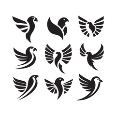 abstract bird logos, Minimalist bird icons, black silhouettes 