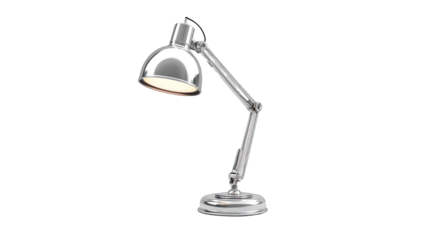 A silver lamp with a light on it