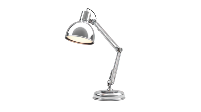 A silver lamp with a light on it