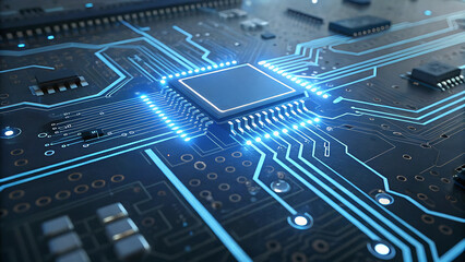  a high-resolution background depicting a detailed circuit board with glowing blue lines, perfect for technology-related projects and futuristic designs.