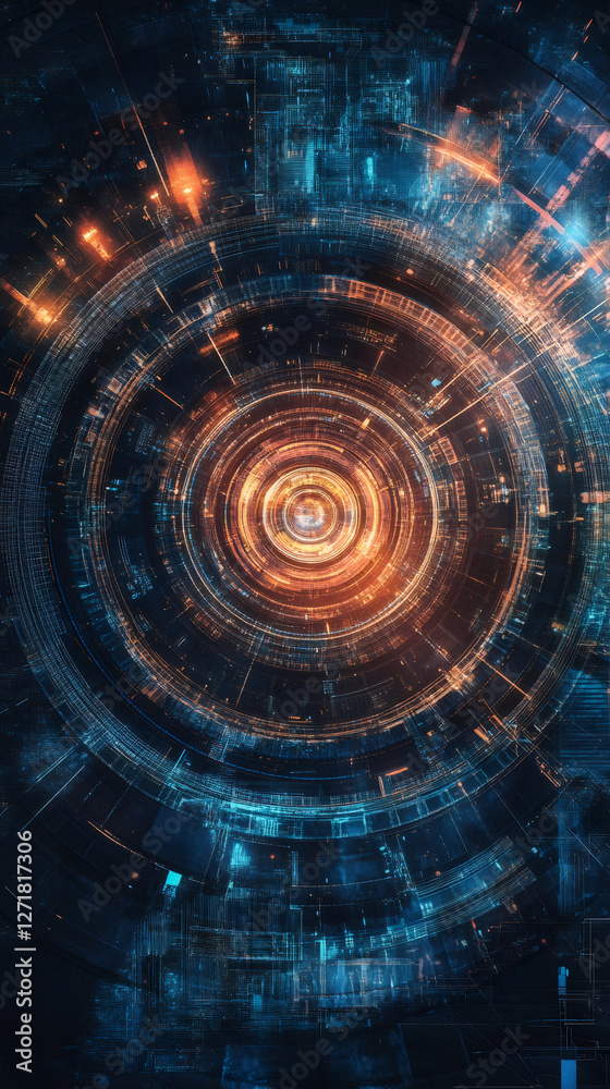 Poster glowing technological portal with swirling orange and blue energy, representing digital innovation a