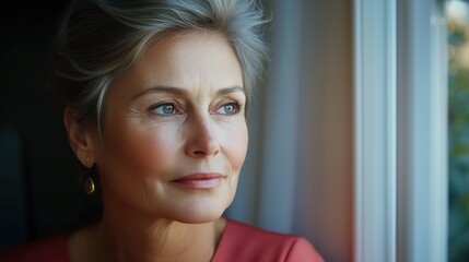 Elegant Mature Woman Gazing Thoughtfully Out a Bright Window at Peaceful Surroundings