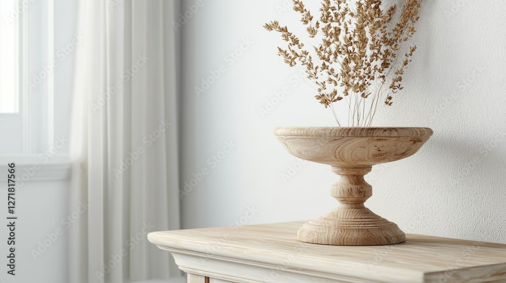 Poster a beautifully crafted wooden pedestal rests on a smooth table in a tranquil bathroom, holding delica