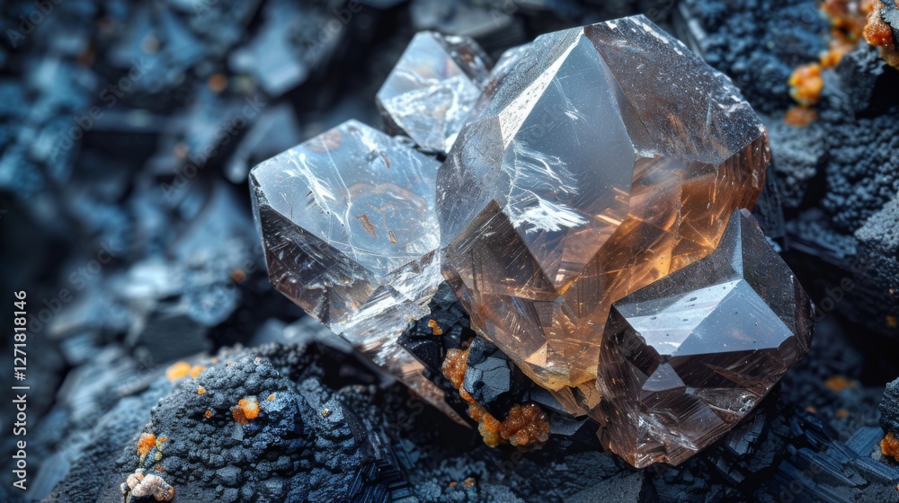 Aufkleber shiny crystals form an eye catching mineral cluster on a dark rock surface. intricate details reveal