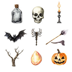 Spooky Halloween watercolor collection dark and mysterious elements jack-o-lantern bat skull candle