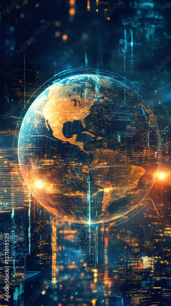 Poster digital world with planet earth rotating above futuristic glowing city with data streams, globalizat