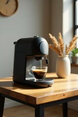 Modern Espresso Machine Brewing Rich Coffee on Wooden Table